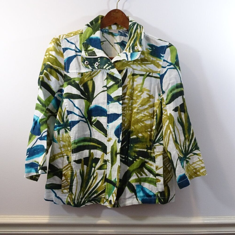 Chicos Womens Size 1 US 8/10 100% Linen Tropical Zip Front 3/4 Sleeve Jacket
